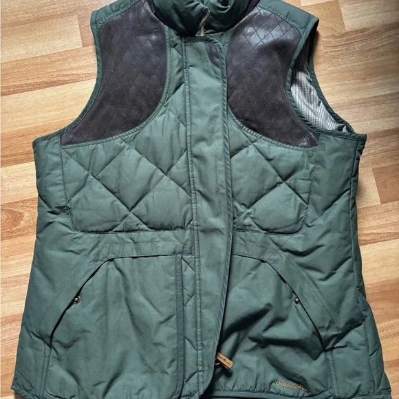 Eddie Bauer Skyliner Down Vest Green Quilted with Leather trim Women's - Picture 1 of 9